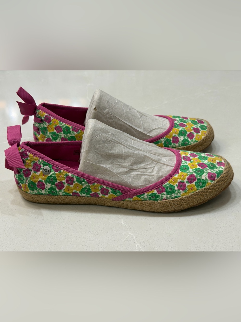 UGG Indah Floral Canvas Espadrille Flats Pink Bow Corset Sz 7 Sample